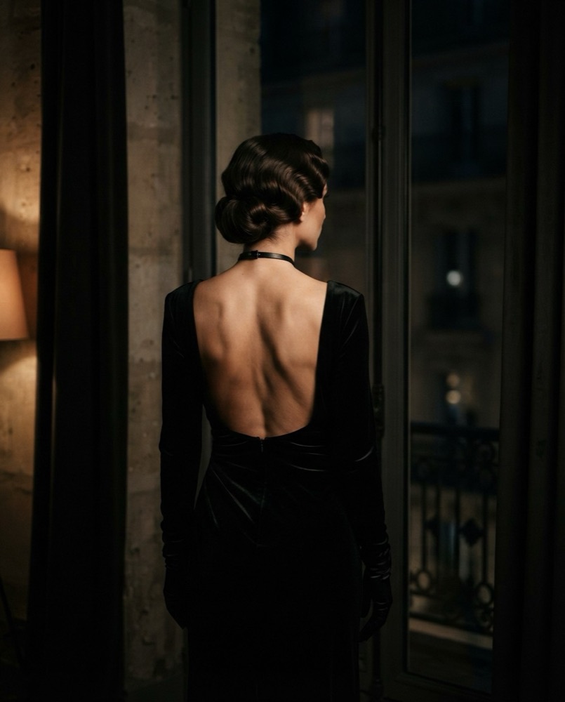 Une femme de dos dans une robe de velours noire, devant une fenêtre parisienne, la nuit (illustration)
